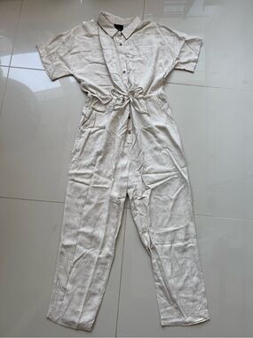 Button-Front Neutral Linen Jumpsuit with Tie Waist NWOT